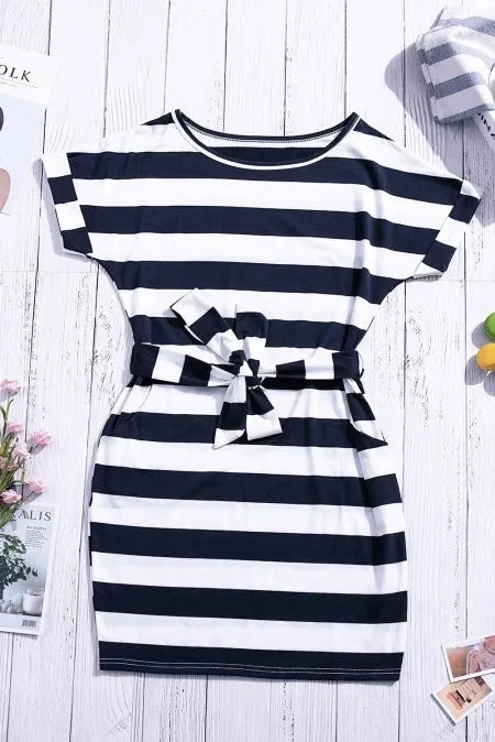Navy Stripes Pocketed T-shirt Dress with Belt