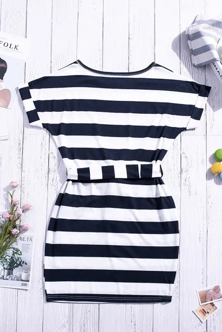 Navy Stripes Pocketed T-shirt Dress with Belt